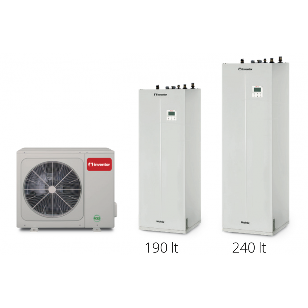 Šilumos siurblys oras-vanduo Inventor Matrix ATS14T+HU160WT240T9 Šildymo galia 14,50 kW su vesinimo funkcija su 240 l vandens talpa, 400V Freonas R32